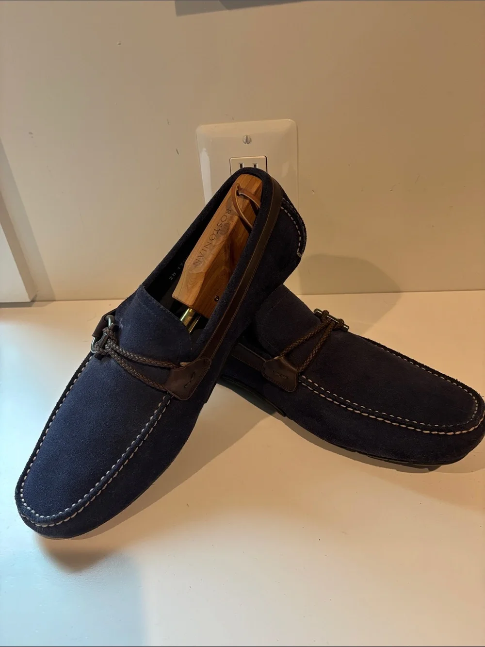 Salvatore Ferragamo Navy Suede Moccasin Loafers with Brown Trim